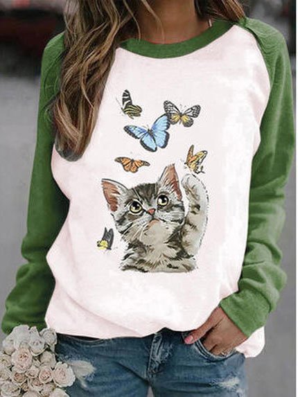 

Butterfly Cat Printed Raglan Sleeve Crew Neck Color Block Casual Sweatshirt, White, Sweatshirts & Hoodies