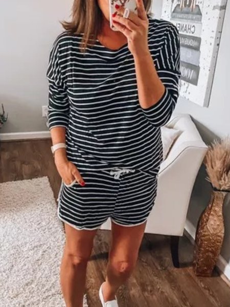 

Long Sleeve Casual Round Neck Striped Suits, Stripe, Two-piece Outfits