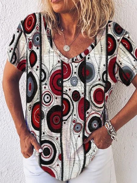 

Casual Vacation Loosen V neck T-shirt, Red, Tops