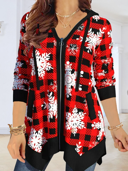 

Long sleeve V-neck hooded geometric check red snowflake top t-shirt female, Coats