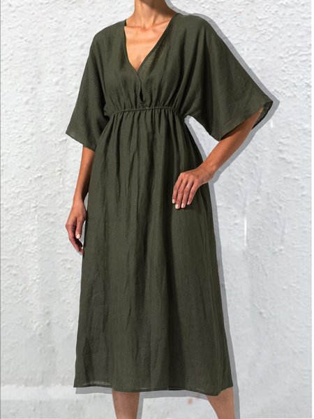 

V Neck Casual Dresses, Deep green, Midi Dresses