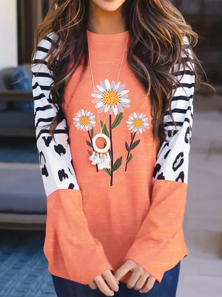 

Floral Print Striped Leopard Sleeve Raglan Sleeve Casual T-Shirts & Tops, Orange, Tops