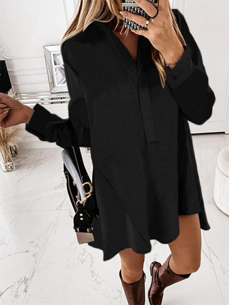 

Solid V Neck Long Sleeve Casual Dresses, Black, Mini Dresses