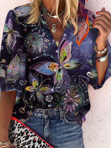 

Women's Butterfly Blouse Shirt Butterfly Animal Button Print Standing Collar Casual Shirts & Tops, Blue, Shirts & Blouses