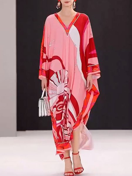 

Abstract Vacation V Neck Loosen Maxi Dress, As picture, Maxi Dresses