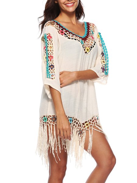 

Off-the-shoulder three-quarter sleeves chain link flower stitching Su beach blouse dress, Apricot, Casual Dresses