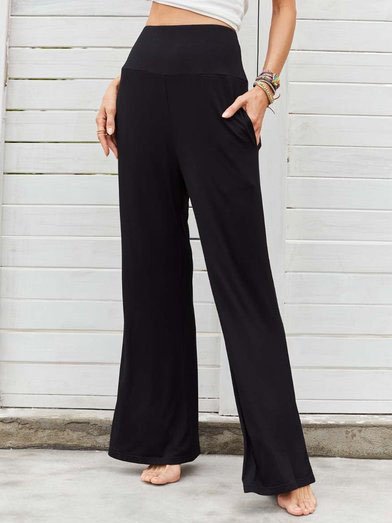 

High Waist Loosen Flare Leg Long Pants, Black, Pants