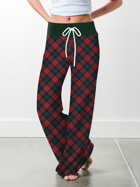 

Checked/Plaid Household Elastic Waist Loosen Pants, Red, Pants