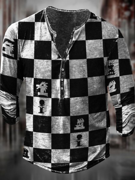 

Men's Checkerboard Pattern Casual V-neck Long Sleeve Tee, Black-white, T-shirt