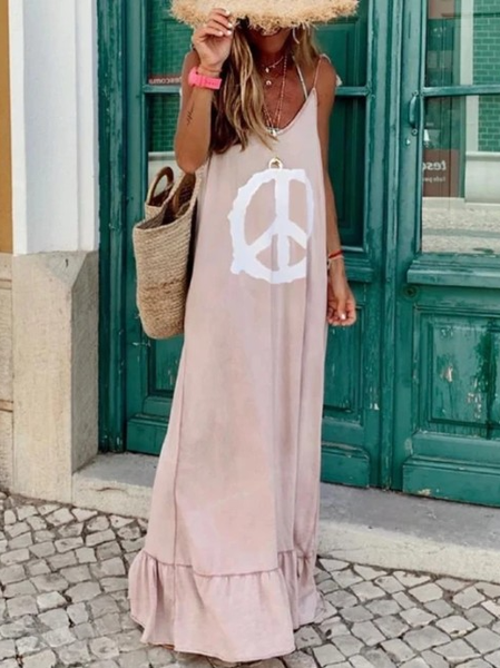 

La pace Disegno Stampato Casuale Lungo Spaghetti Abito, Rosa, Maxi Dresses