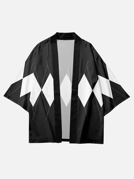 

Mens Diamond Print Casual Loose Japanese Style Open Front Kimono, Black-white, Men's Floral shirt