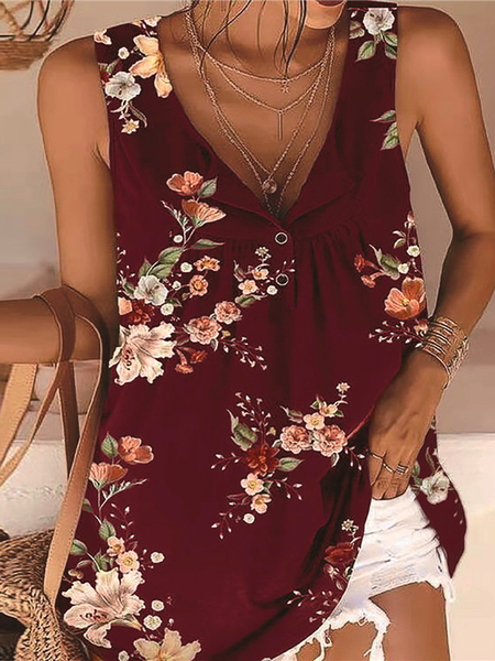 

Cotton Blends V Neck Printed button sleeveless vest blouse Tops, Wine red, Tops