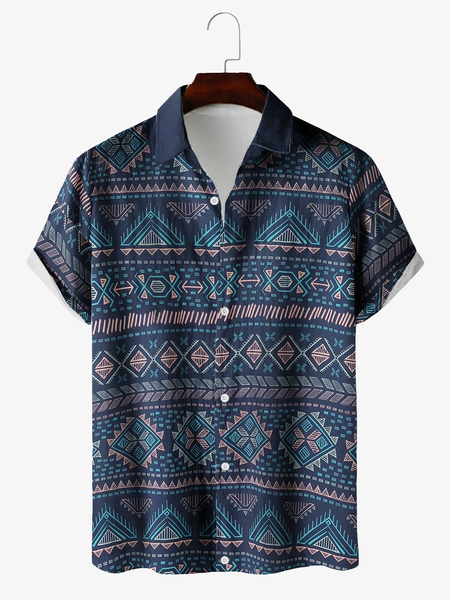

Ethnic Style Casual Cotton And linen Striped Short-sleeved ShirtS, As picture, Men's Floral shirt