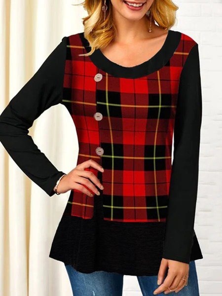 

Checked/Plaid Casual Buttoned Round Neck Long Sleeve Shirts & Tops, Red, Tops