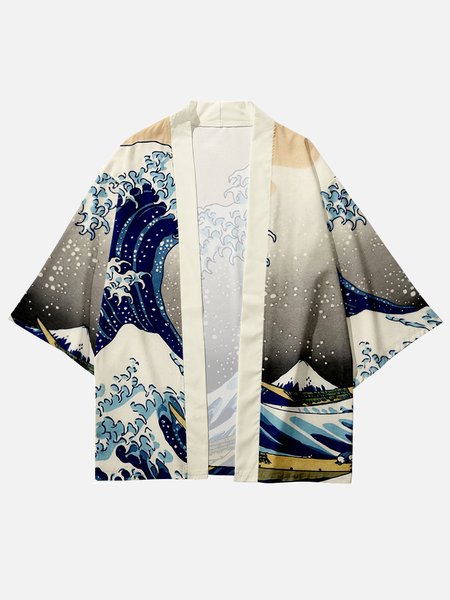 

Mens Ukiyoe Wave Print Casual Loose Japanese Style Open Front Kimono, Khaki, Shirts ＆ Blouse
