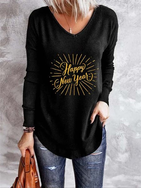 

2022 Long Sleeve V Neck Casual Shirts & Tops, Black, T-Shirts