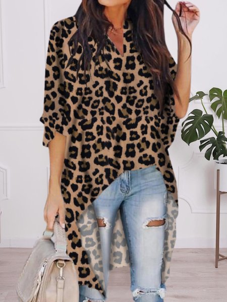 

Casual Three Quarter V Neck Plus Size Leopard Tops, Tops