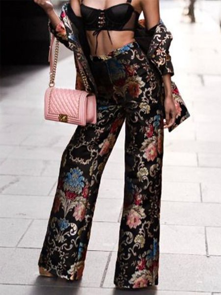

Floral Regular Fit Pants, Black, Straight Leg Pants