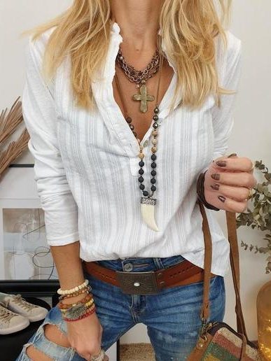 

Plain Stand Collar Casual Simple Shirts & Tops, White, Shirts & Blouses