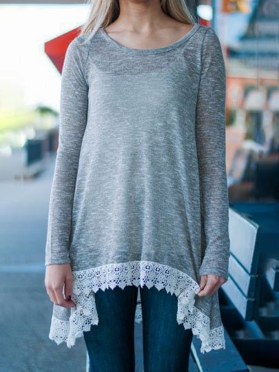 

Loosen Casual Cotton Blends Lace Shirts & Tops, Gray, Tunics