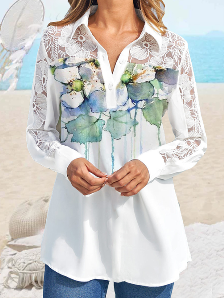 

Casual Vacation Floral Cotton Blends Henley Regular Fit Shirts & Tops, White, Tops