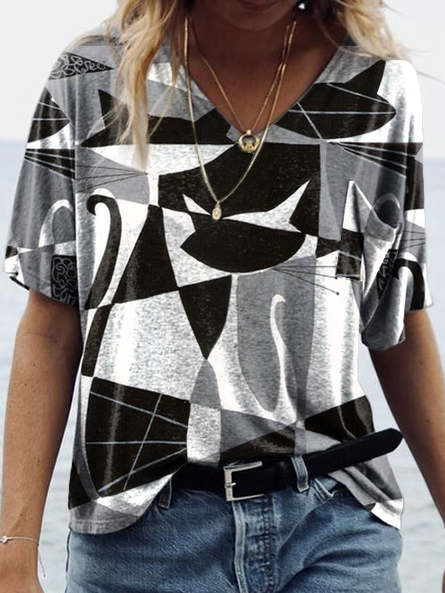 

Loosen V Neck Cat Animal Shirts & Tops, Black, Tops