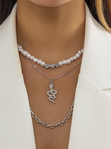 

Vintage Pearl Snake Clavicle Necklace, Silver, Necklaces