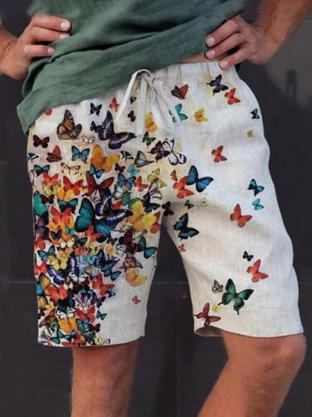 

Men's Cotton And Linen Butterfly Print Casual Shorts, White, Shorts