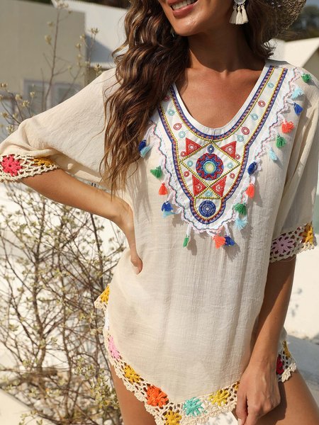 

Embroidered crochet stitching five-point sleeve loose beach blouse dress, Apricot, Boho dresses