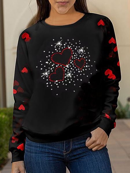 

Valentine's Day Sweatshirt with Heart Hot Rhinestone Pattern Crew Neck Cartoon Casual Sweatshirt, Black, Sweatshirts & Hoodies