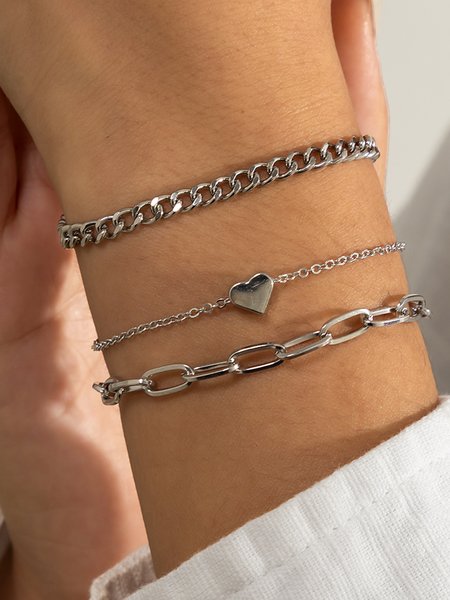 

Metal Heart Chain Stacked Bracelet, Silver, Bracelets