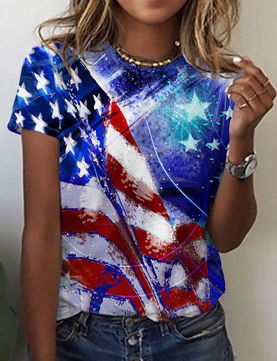 

Geometric Star Printed Crew Neck Casual Short Sleeve Shirts & Tops, Blue, Tops