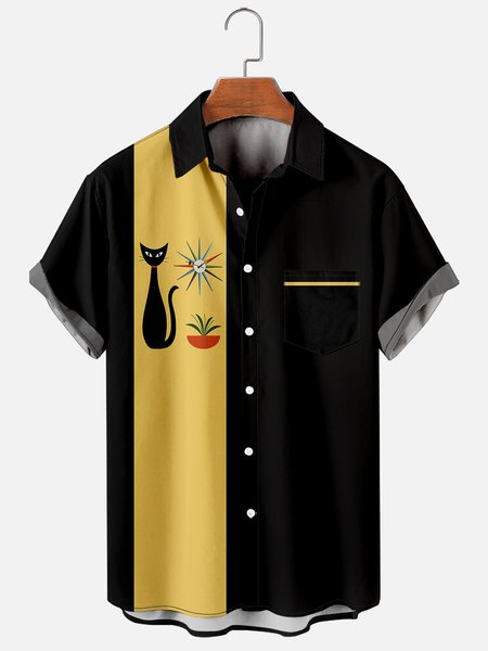

Mens Black cats Print Casual Breathable Chest Pocket Short Sleeve Hawaiian Shirts, Men's Floral shirt