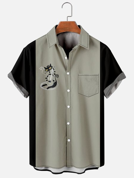 

Mens Black Cats Print Casual Breathable Chest Pocket Short Sleeve Bowling Shirts, Gray, Men's Floral shirt