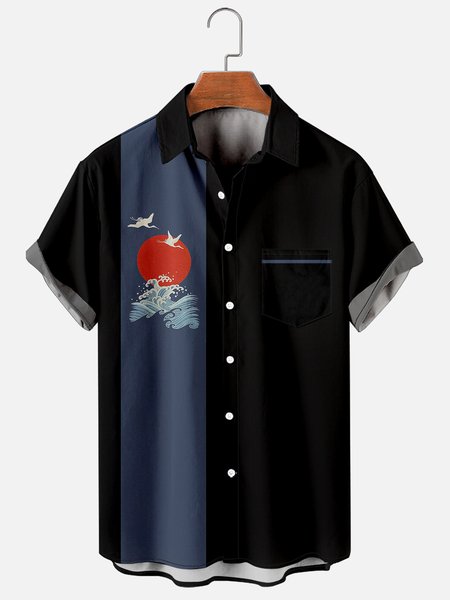 

Mens Japanese Ukiyoe Wave Print Casual Breathable Chest Pocket Short Sleeve Hawaiian Shirts, Black, Shirts ＆ Blouse