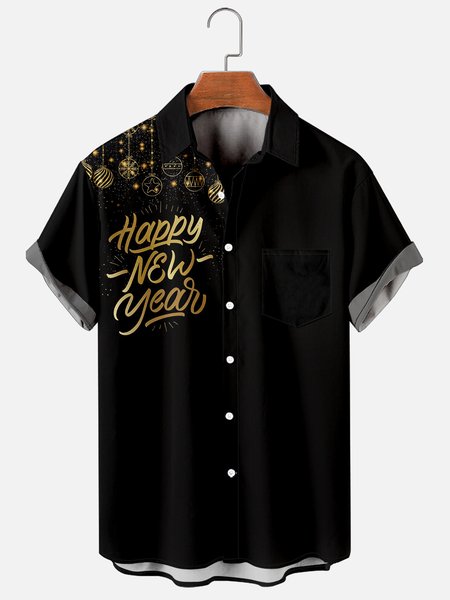 

Mens New Year 2022 Print Casual Breathable Chest Pocket Short Sleeve Hawaiian Shirts, Black, Men's Floral shirt