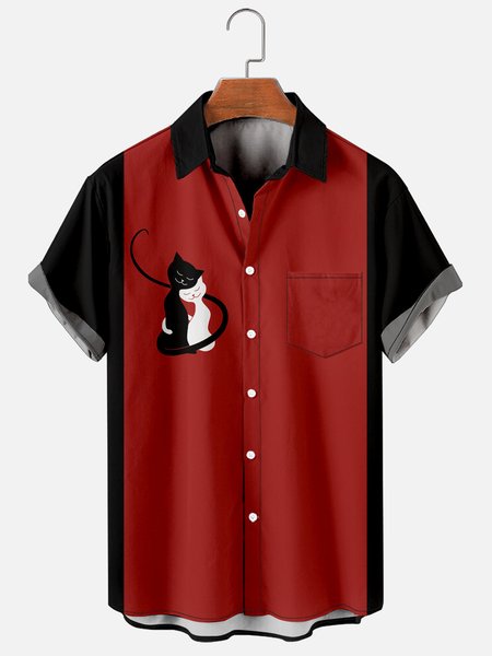 

Mens St Valentine Cats Lover Print Casual Breathable Chest Pocket Short Sleeve Bowling Shirts, Red, Men's Floral shirt