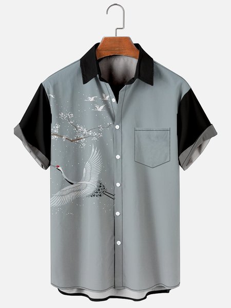 

Mens Japanese Crane Print Casual Breathable Chest Pocket Short Sleeve Hawaiian Shirts, Gray, Shirts ＆ Blouse