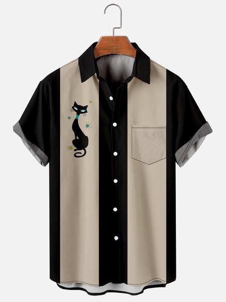 

Mens Black Cats Print Casual Breathable Chest Pocket Short Sleeve Bowling Shirts, Khaki, Shirts ＆ Blouse