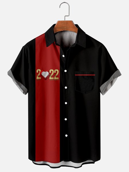 

Mens New Year 2022 Print Casual Breathable Chest Pocket Short Sleeve Hawaiian Shirts, Black, Shirts ＆ Blouse