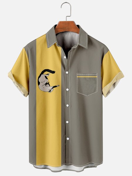 

Mens Japanese Cats Print Casual Breathable Chest Pocket Short Sleeve Hawaiian Shirts, Gray, Shirts ＆ Blouse