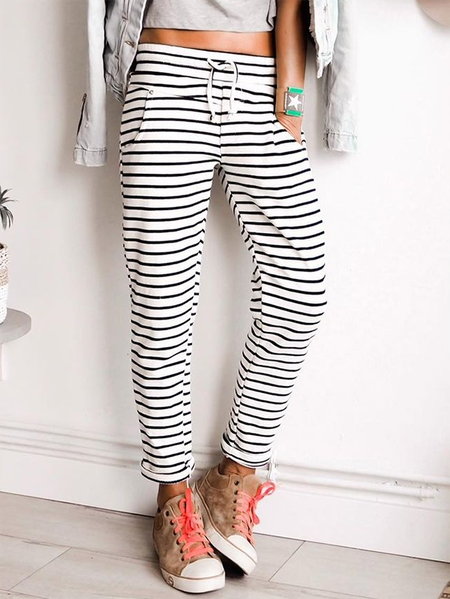 Striped Casual Long Pants, Black, Pants