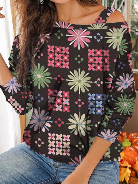 

One Shoulder Boho Floral Shirts & Tops, Black, T-Shirts