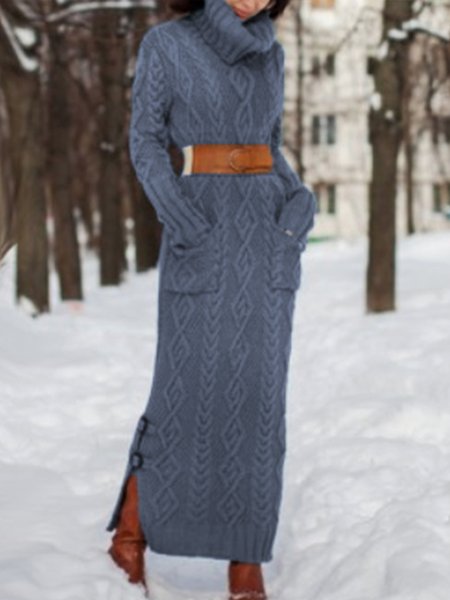 

High Neck Long Sleeve Sweater Dress, Lake blue, Maxi Dresses