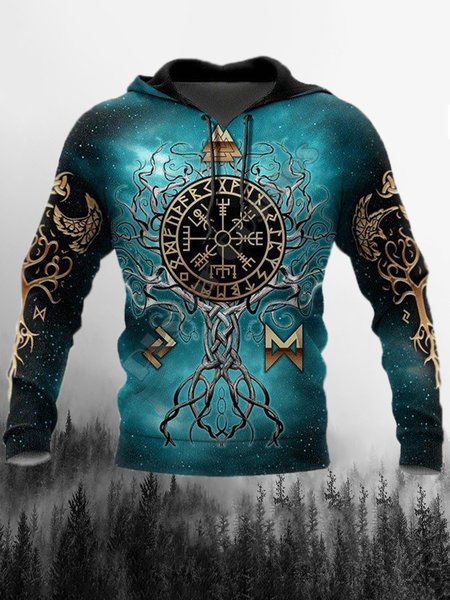 

Men's Viking Elements Graphic Print Hooded Long Sleeve Sweatshirt, Blue, Hoodies