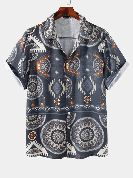 

Ethnic Style Casual Cotton And linen Striped Short-Sleeved Shirt, As picture, Men's Floral shirt