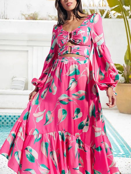 

Sexy hollow casual dress with pink flowers and big A-line on the chest, Floral Dresses