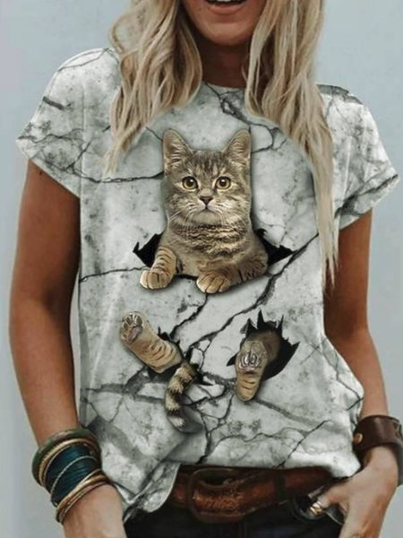

Short Sleeve Round Neck Casual CAT T-shirt, Gray, T-Shirts