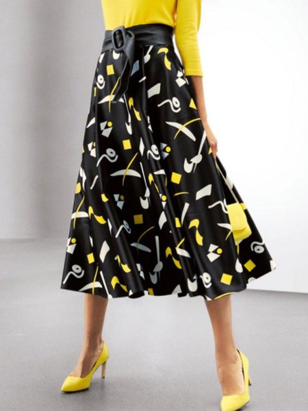 

Elegant Printed A LineA Skirt, As picture, Midi Skirts