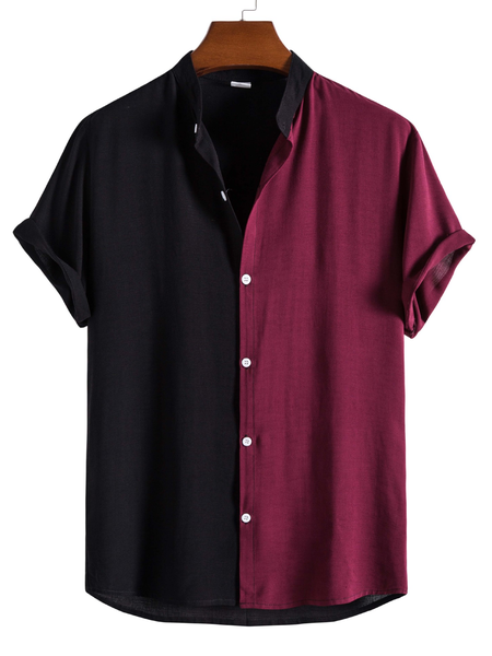 

Mens Patchwork Color block Button Up Cotton Basics Short Sleeve Shirts, Wine red, Men's Floral shirt